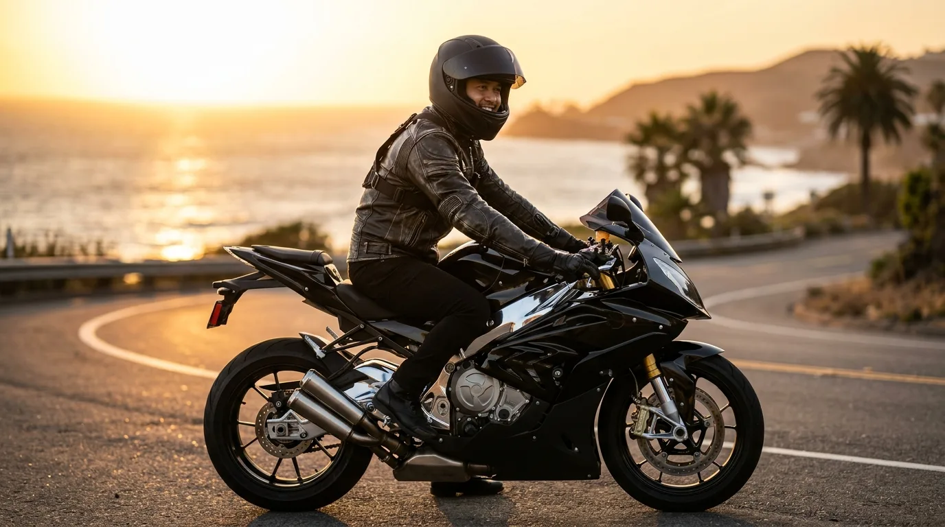 Chauffeur de VTC moto souriant portant un équipement de sécurité premium